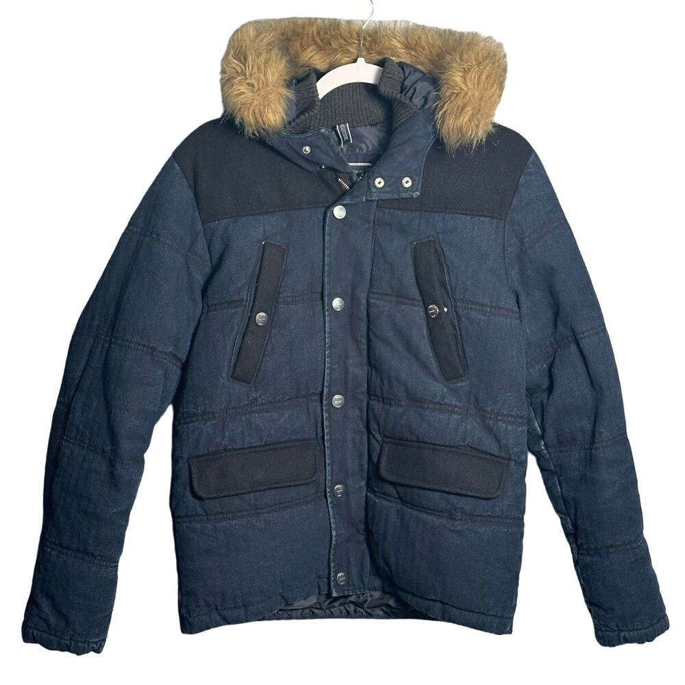 Zara Man Sz Small Dark Blue Chambray Coat Removable Fur Collar Wool insulated‎